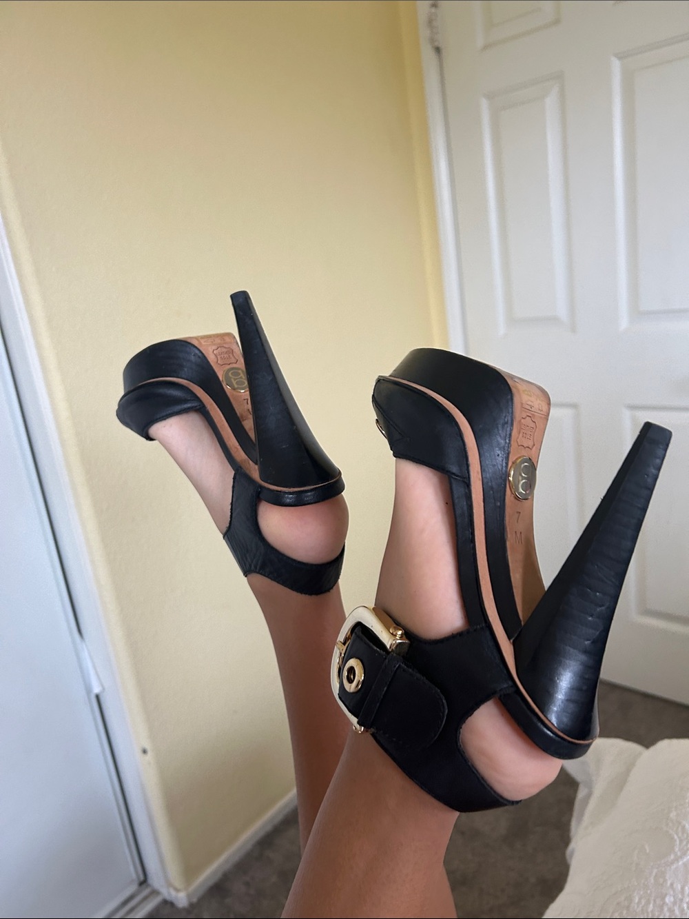 Bebe Black Leather Platform High Heels with Gold Buckle